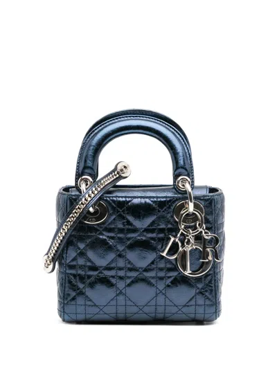 Pre-owned Dior 2014 Mini Crinkled Calfskin Cannage Lady  Satchel In Blue