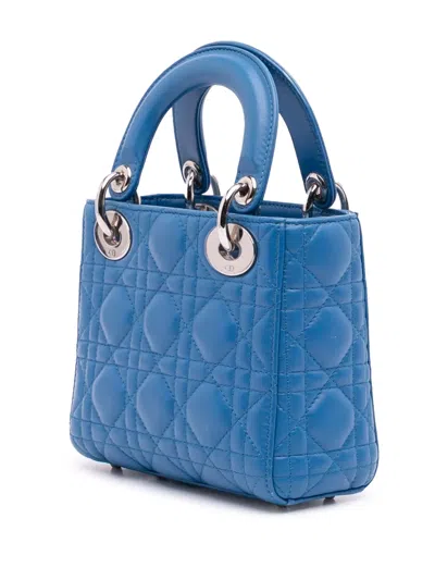 Pre-owned Dior 2014 Mini Lambskin Cannage Lady  Satchel In Blue