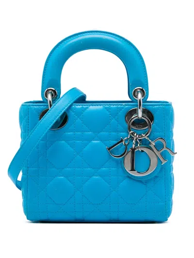 Pre-owned Dior 2014 Mini Lambskin Cannage Lady  Satchel In Blue