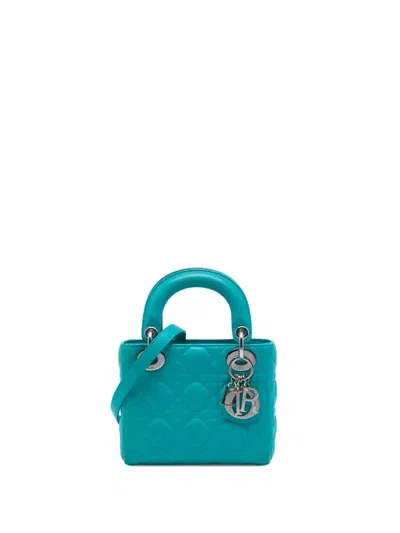 Pre-owned Dior 2014 Mini Lambskin Cannage Lady  Satchel In Blue