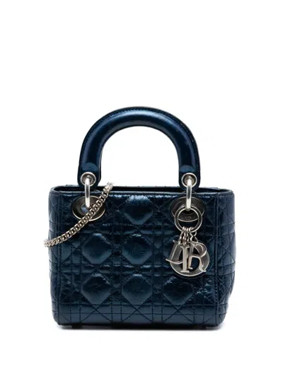 Pre-owned Dior 2014 Mini Metallic Calfskin Cannage Lady  Satchel In Blue