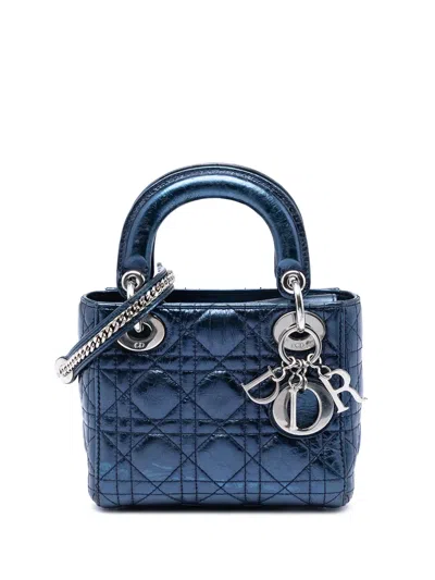 Pre-owned Dior 2014 Mini Metallic Crinkled Lambskin Cannage Lady  Satchel In Blue