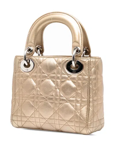 Pre-owned Dior 2014 Mini Metallic Lambskin Cannage Lady  Satchel In Gold