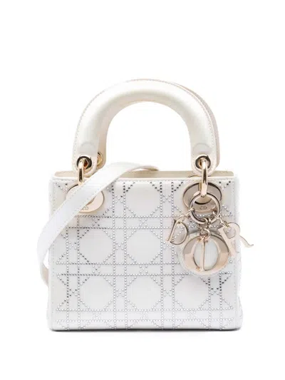 Pre-owned Dior 2014 Mini Satin Cannage Crystal Embellished Lady  Satchel In White