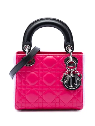 Pre-owned Dior 2014 Mini Tricolor Lambskin Cannage Lady  Satchel In Pink