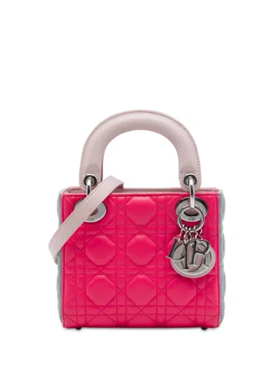 Pre-owned Dior 2014 Mini Tricolor Lambskin Cannage Lady  Satchel In Pink