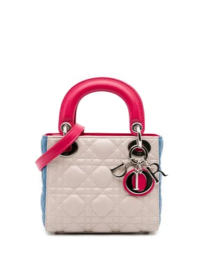 Pre-owned Dior 2014 Mini Tricolor Lambskin Cannage Lady  Satchel In White