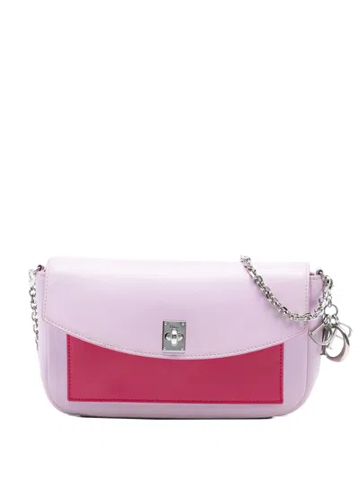 Pre-owned Dior 2014 Tricolor Leather Turn Lock Wallet On Chain Crossbody Bag In Pink