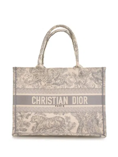 Pre-owned Dior 2015-2025 Medium Toile De Jouy Reverse Embroidered Canvas Book Tote Bag In Gray