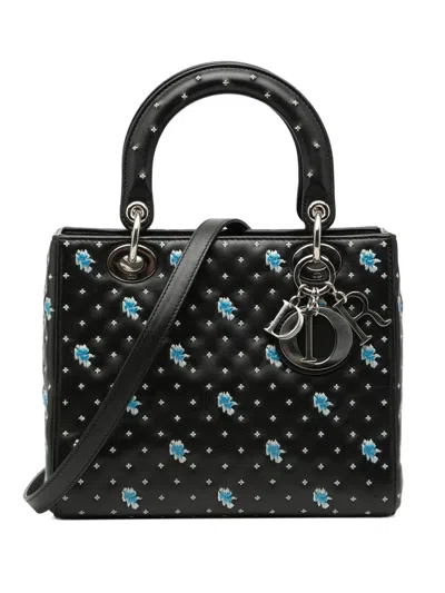Pre-owned Dior 2015 Medium Calfskin Embroidered Flower Lady  Satchel In Black