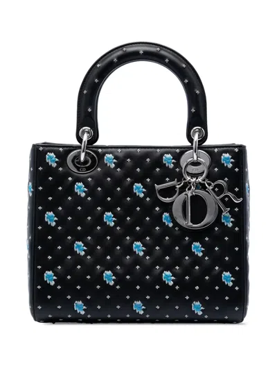Pre-owned Dior 2015 Medium Calfskin Embroidered Flower Lady  Satchel In Black