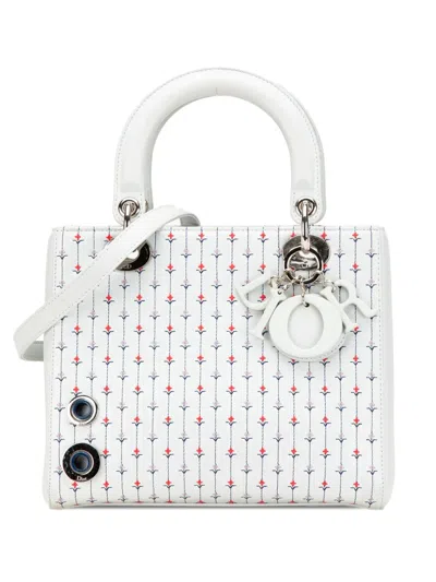 Pre-owned Dior 2015 Medium Calfskin Embroidered Flower Lady  Satchel In White