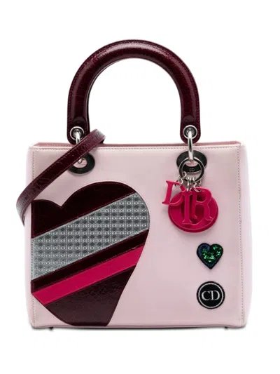 Pre-owned Dior 2015 Medium Calfskin Patent Embroidered Valentines Day Heart Lady  Satchel In Pink