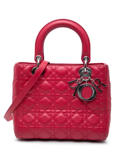 Pre-owned Dior 2015 Medium Lambskin Cannage Lady  Satchel In Red