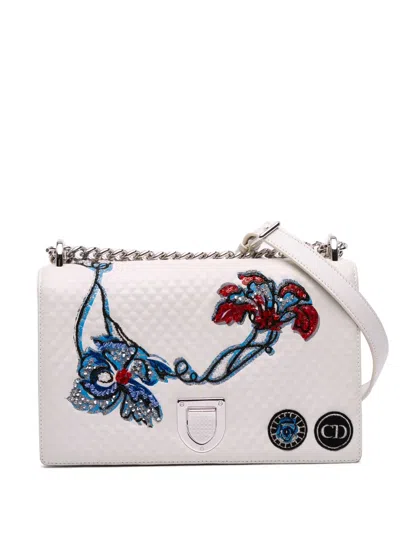 Pre-owned Dior 2015 Medium Lambskin Embroidered Ama Flap Crossbody Bag In White