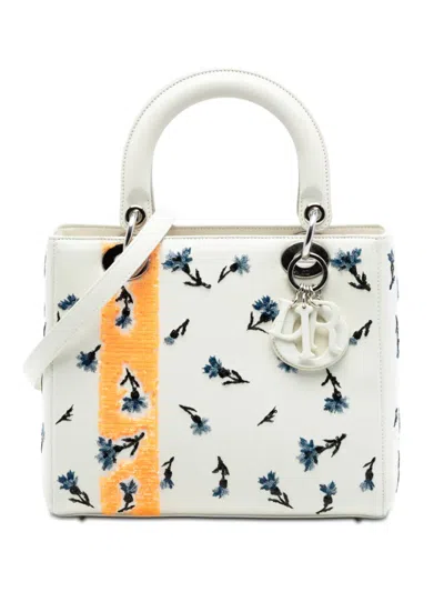 Pre-owned Dior 2015 Medium Lambskin Floral Sequin Lady  Satchel In White