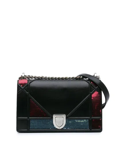 Pre-owned Dior 2015 Medium Lambskin Sequin Ama Flap Crossbody Bag In Black