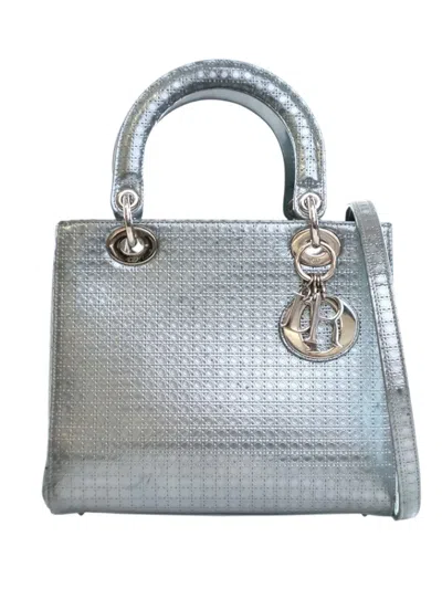 Pre-owned Dior 2015 Medium Metallic Patent Microcannage Lady  Satchel In Silver