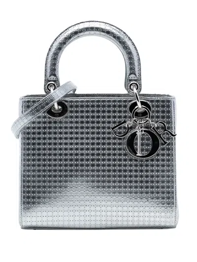 Pre-owned Dior 2015 Medium Metallic Patent Microcannage Lady  Satchel In Silver