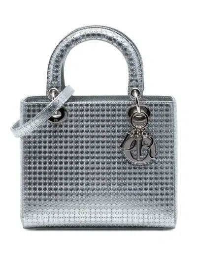 Pre-owned Dior 2015 Medium Metallic Patent Microcannage Lady  Satchel In Silver