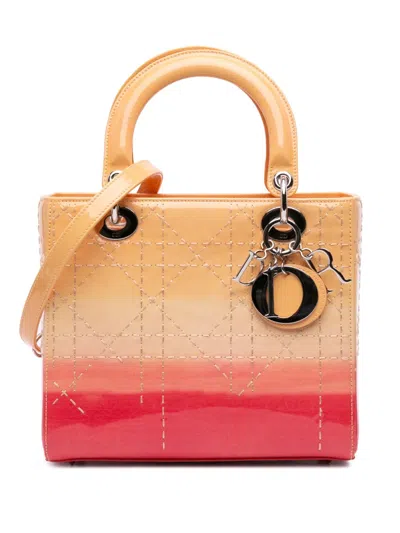 Pre-owned Dior 2015 Medium Ombre Patent Cannage Lady  Satchel In Orange