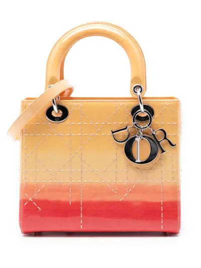 Pre-owned Dior 2015 Medium Ombre Patent Cannage Lady  Satchel In Orange
