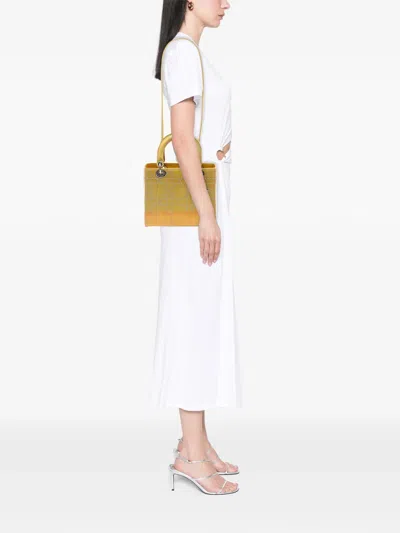 Pre-owned Dior 2015 Medium Ombre Patent Cannage Lady  Satchel In Yellow