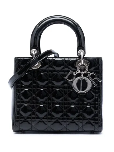 Pre-owned Dior 2015 Medium Patent Cannage Lady  Satchel In Black