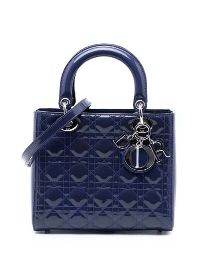 Pre-owned Dior 2015 Medium Patent Cannage Lady  Satchel In Blue