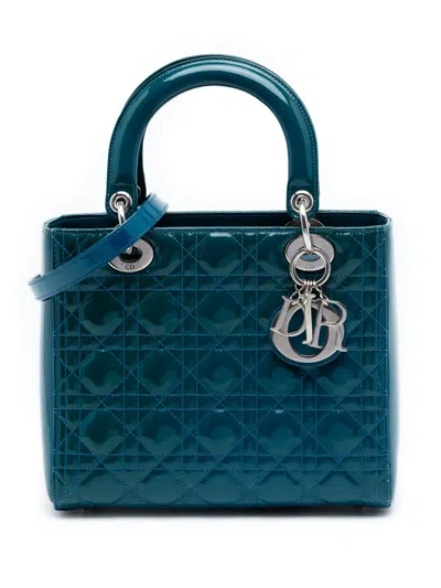 Pre-owned Dior 2015 Medium Patent Cannage Lady  Satchel In Blue