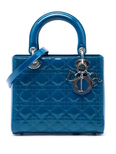 Pre-owned Dior 2015 Medium Patent Cannage Lady  Satchel In Blue