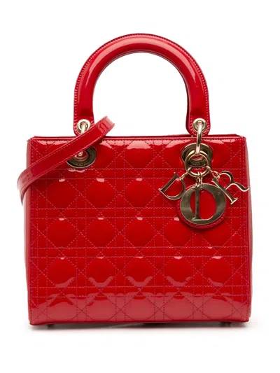 Pre-owned Dior 2015 Medium Patent Cannage Lady  Satchel In Red
