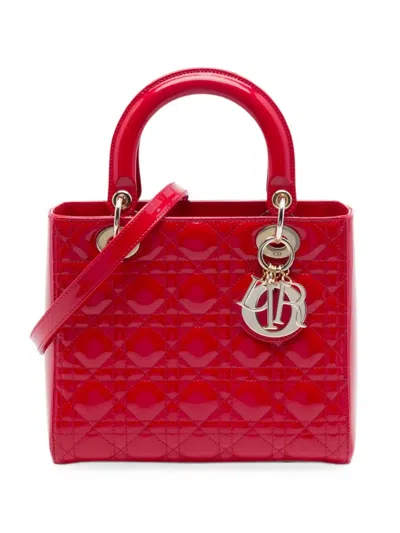 Pre-owned Dior 2015 Medium Patent Cannage Lady  Satchel In Red