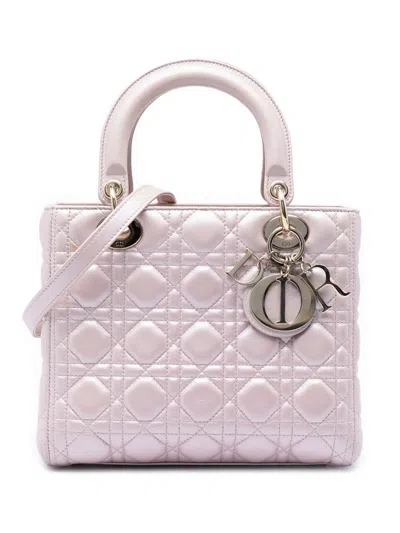 Pre-owned Dior 2015 Medium Pearlescent Lambskin Cannage Lady  Satchel In Pink