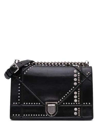 Pre-owned Dior 2015 Medium Studded Lambskin Ama Flap Crossbody Bag In Black