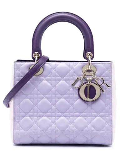 Pre-owned Dior 2015 Medium Tricolor Lambskin Cannage Lady  Satchel In Purple