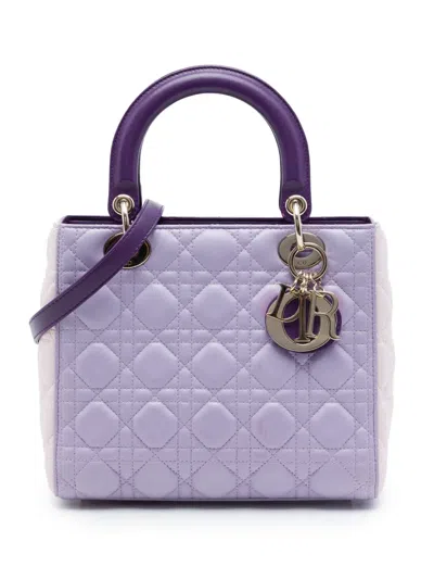 Pre-owned Dior 2015 Medium Tricolor Lambskin Cannage Lady  Satchel In Purple