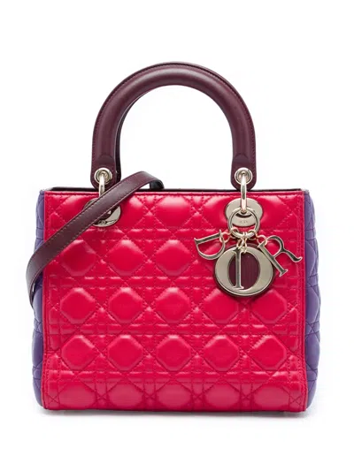 Pre-owned Dior 2015 Medium Tricolor Lambskin Cannage Lady  Satchel In Red