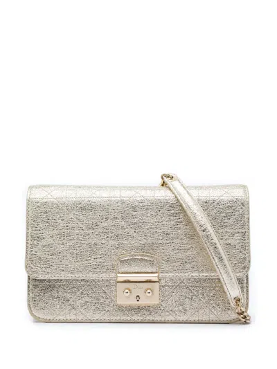 Pre-owned Dior 2015 Metallic Crinkled Calfskin Cannage Miss  Promenade Wallet On Chain Crossbody Bag In Gold