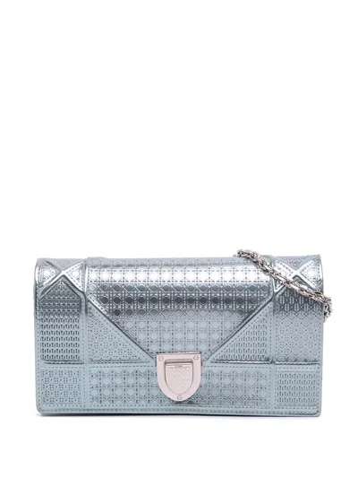 Pre-owned Dior 2015 Metallic Patent Microcannage Ama Wallet On Chain Crossbody Bag In Blue