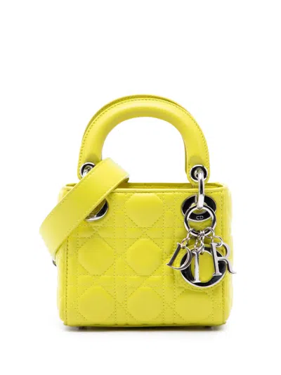 Pre-owned Dior 2015 Micro Lambskin Cannage Lady  Satchel In Yellow