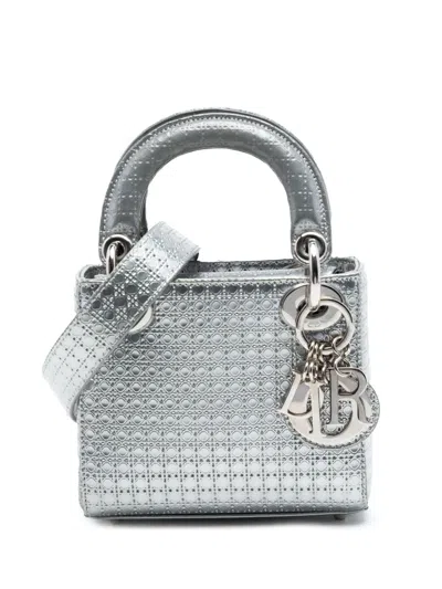 Pre-owned Dior 2015 Micro Metallic Patent Microcannage Lady  Satchel In Silver