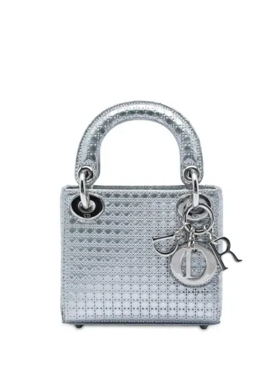 Pre-owned Dior 2015 Micro Metallic Patent Microcannage Lady  Satchel In Silver