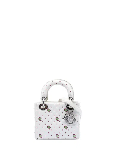 Pre-owned Dior 2015 Mini Embroidered Calfskin Lady  Satchel In White