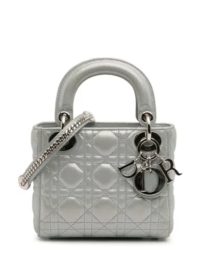 Pre-owned Dior 2015 Mini Iridescent Lambskin Cannage Lady  Satchel In Blue