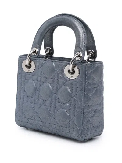 Pre-owned Dior 2015 Mini Iridescent Lambskin Cannage Lady  Satchel In Blue