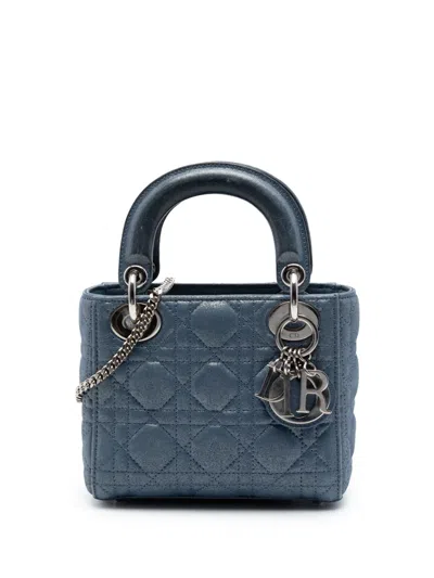 Pre-owned Dior 2015 Mini Iridescent Lambskin Cannage Lady  Satchel In Blue