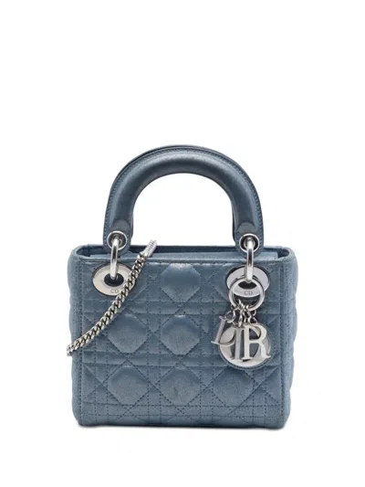Pre-owned Dior 2015 Mini Iridescent Lambskin Cannage Lady  Satchel In Blue