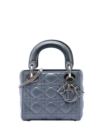 Pre-owned Dior 2015 Mini Iridescent Lambskin Cannage Lady  Satchel In Blue