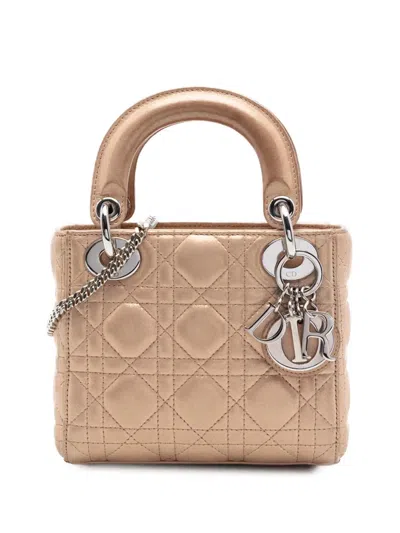 Pre-owned Dior 2015 Mini Iridescent Lambskin Cannage Lady  Satchel In Gold